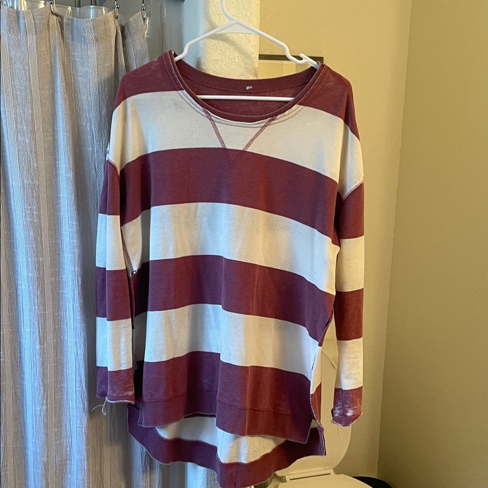 Burgundy and White Striped Women's Long Sleeve Top